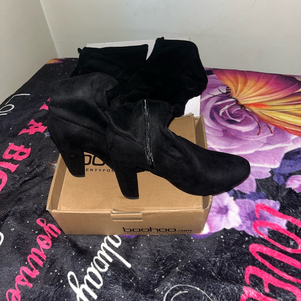 Black Block Lace Up Back Thigh High